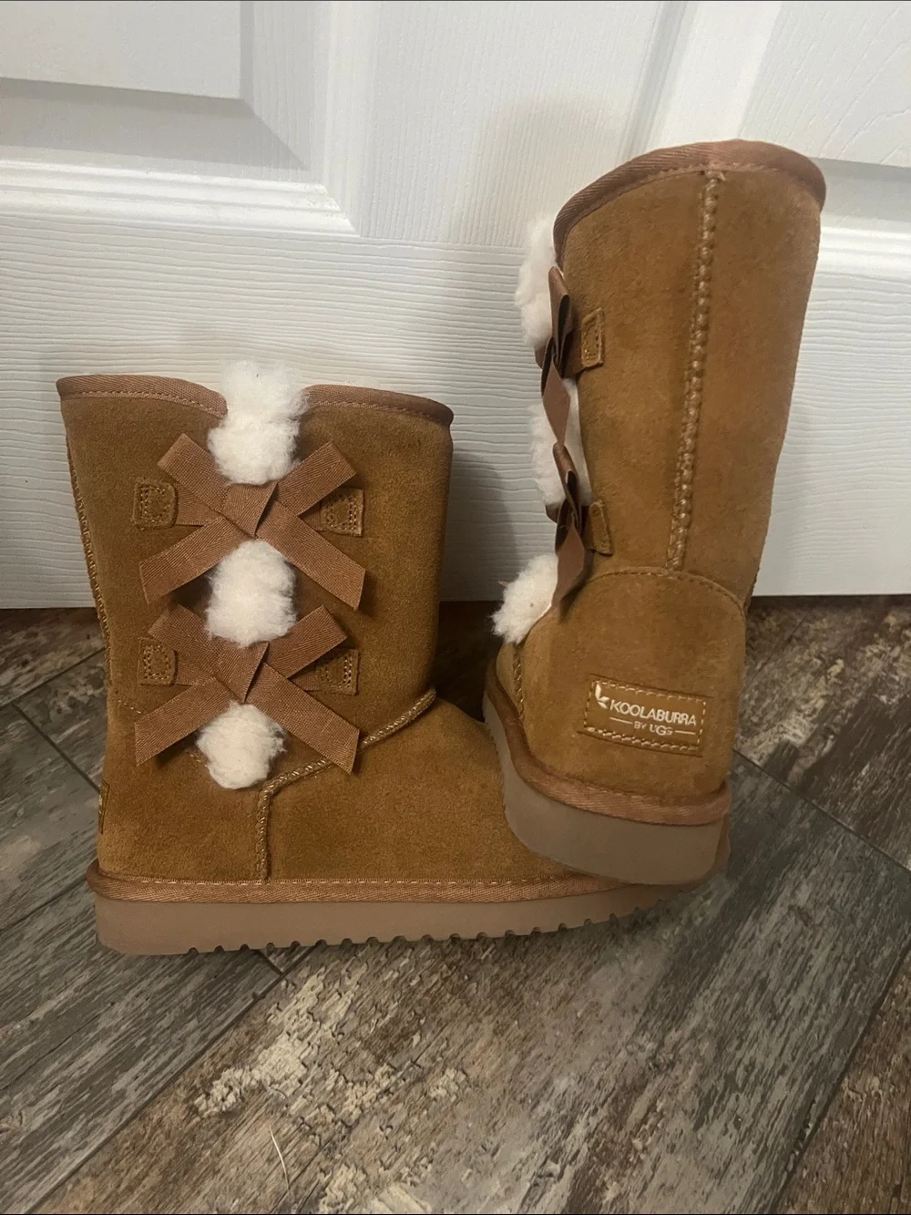 Koolaburra Chestnut Suede Shearling Bow Mid-Calf Boots